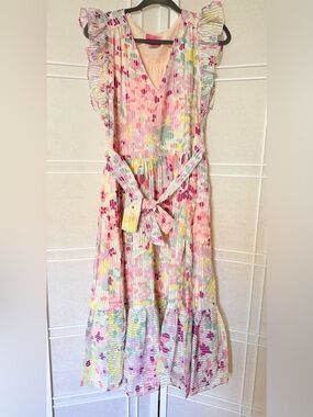 Kate Spade- NWOT-Floral Pleated Ruffle Midi Dress - Pink Multi